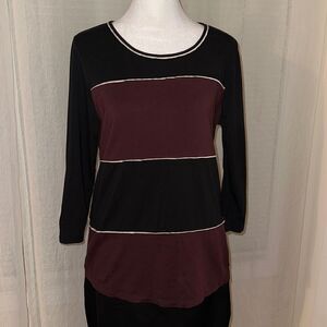 Ann Taylor L Black Burgundy White Crewneck Quarter Sleeve Cotton Blend Top